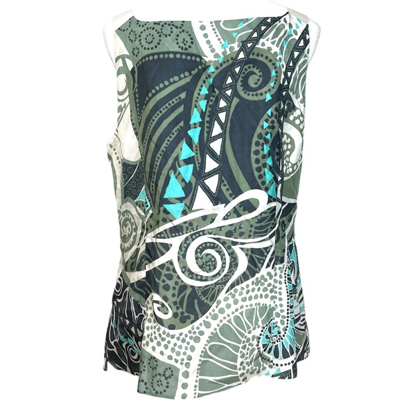 BRUPHILS Women's Green Geometric Sleeveless Silk Top V-Neck Ribbon Tie Sz 44 L - Picture 2 of 7